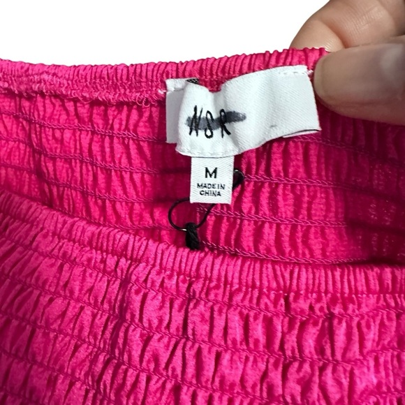 NSR Smocked Fuchsia Pink Party Dress Midi M Puff Sleeves Slit Satiny 3592 READ - Picture 12 of 13